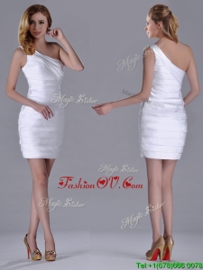 Column One Shoulder Ruched White Short 2016 Dama Dresses for Homecoming