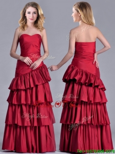 Modest Taffeta A Line Wine Red Unique Prom Dresses with Ruffled Layers