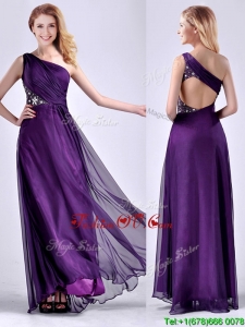 Elegant One Shoulder Criss Cross Purple Unique Prom Dresses with Beading
