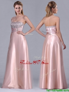 Fashionable Strapless Peach Long Unique Prom Dresses with Beaded Bodice