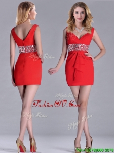 Hot Sale Beaded Decorated Waist V Neck Unique Prom Dresses in Red