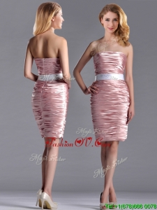 Lovely Column Peach Unique Prom Dresses with Ruching and White Belt
