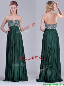Popular Brush Train Beaded Bust and Pleated Unique Prom Dresses in Hunter Green