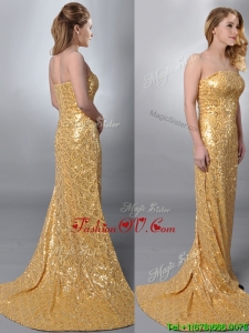 2016 Luxurious Column Strapless Sequined Gold Prom Dress with Brush Train
