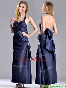 Luxurious Beaded Decorated Halter Top Prom Dress in Navy Blue