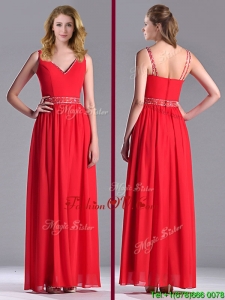Unique V Neck Ankle Length Prom Dress with Beaded Decorated Waist