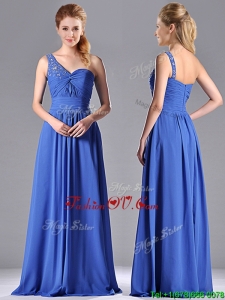 2016 Column Chiffon Beading and Ruching Blue Prom Dress with One Shoulder