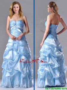 2016 Column Sweetheart Long Light Blue Beaded Ruched Prom Dress in Organza