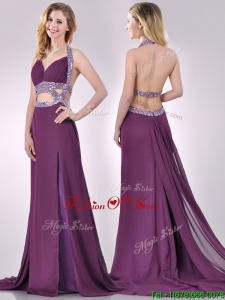 2016 Gorgeous Cut Out Waist Halter Top Prom Dress with Brush Train