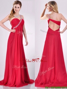 2016 New Beaded Decorated One Shoulder Red Prom Dress with Brush Train