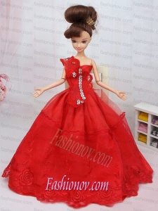 Hand Made Flower and Beading Red Organza Barbie Doll Dress