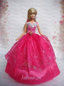 Lovely Hot Pink Ball Gown Taffeta and Organza Barbie Doll Dress