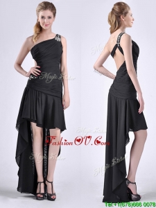 Romantic High Low One Shoulder Black Prom Dress with Criss Cross