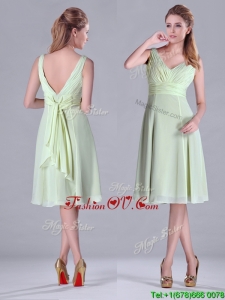 2016 Tea Length Ruched and Belted Bridesmaid Dress in Yellow Green