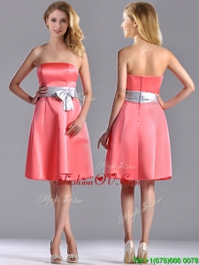 Best Selling Watermelon Knee Length Bridesmaid Dress with Silver Bowknot