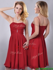 Cheap Spaghetti Straps Knee Length Chiffon Bridesmaid Dress in Red