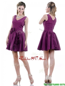 Exquisite V Neck Taffeta Purple Vintage Prom Dress with Handcrafted Flowers