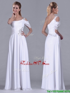 Fashionable Empire One Shoulder Beaded White Long White Bridesmaid Dress for Holiday