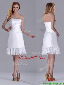 Low Price Strapless White Short Bridesmaid Dress in Lace and Satin