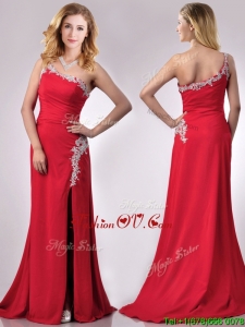 Luxurious Beaded Decorated One Shoulder and High Slit Vintage Prom Dress with Brush Train