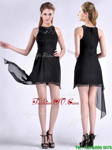 Modern Scoop Asymmetrical Black Chiffon Vintage Prom Dress with Beading