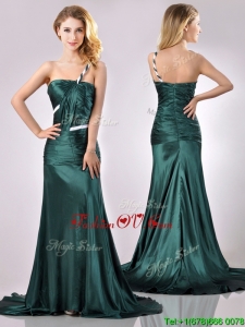 Modest One Shoulder Dark Green Vintage Prom Dress in Elastic Woven Satin