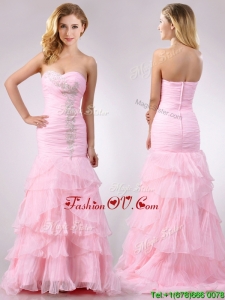 Popular Brush Train Organza Pink Vintage Prom Dress with Beading and Ruffles