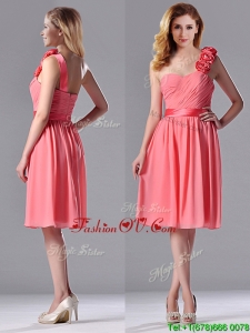 Popular Watermelon Bridesmaid Dress with Hand Made Flowers Decorated One Shoulder