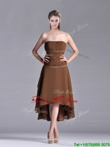 Exclusive Beaded Strapless High Low Brown Vintage Prom Dress in Chiffon