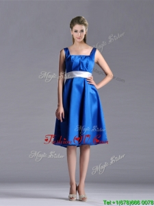 Exquisite Empire Square Taffeta Blue Vintage Prom Dress with White Belt