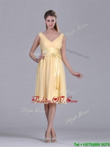 New Arrivals V Neck Bowknot Chiffon Short Vintage Prom Dress in Yellow