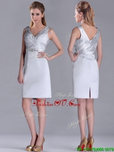 Modern V Neck Belted with Beading Prom Dress in Silver