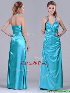 2016 Column Halter Top Elastic Woven Satin Aqua Blue Prom Dress with Ruching