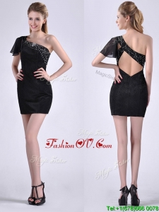 Best One Shoulder Black Prom Dress with Beaded Decorated Criss Cross