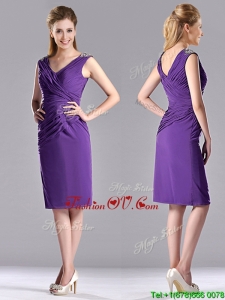 Cheap Column V Neck Knee-length Short Prom Dress in Purple