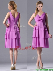 Classical V Neck Lilac Prom Dress with Handcrafted Flower and Ruching