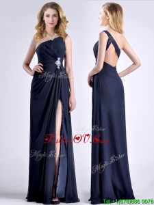 Exquisite One Shoulder Navy Blue Prom Dress with Beading and High Slit
