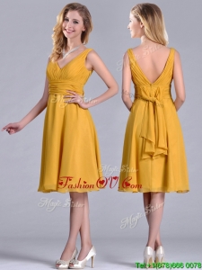 Latest Empire V Neck Ruched Gold Prom Dress in Chiffon