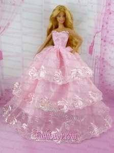 Pretty Pink Princess With Embroidery and Ruffled Layers Gown For Barbie Doll