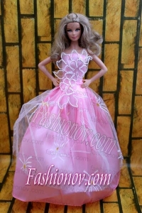Fashion Princess Rose Pink Dress Gown For Barbie Doll