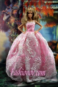 New Embroidery Fashion Princess Pink Dress Gown For Barbie Doll