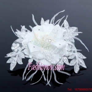2014 White Pearl Lace and Feather Wedding Hair Flowers