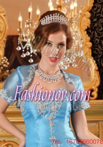 Fashionable Open Front Appliques Baby Blue Quinceanera Jacket