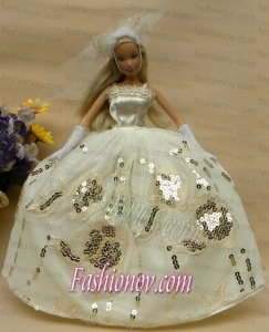 Roamntic Champagne Straps Ball Gown Appliques Wedding Dress For Barbie Doll
