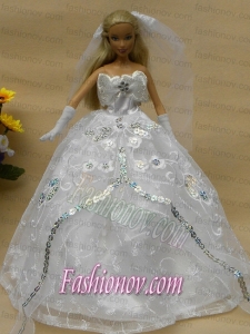 Romantic Appliques White Strapless Wedding Dress For Barbie Doll