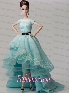 Elegant White Gown with Blue Organza Made to Fit the Barbie Doll