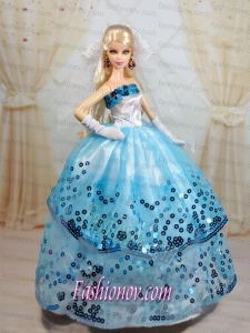 Popular Ball Gown Party Clothes White and Blue Barbie Doll Dress