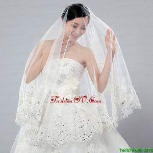 2014 Cheap Two-Tier White Fingertip Veil with Lace Edge