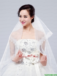 2014 Simple One-Tier Bridal Veils with Lace Appliques Edge