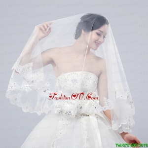 2014 Two-Tier Tulle Lace Appliques Edge Bridal Veils